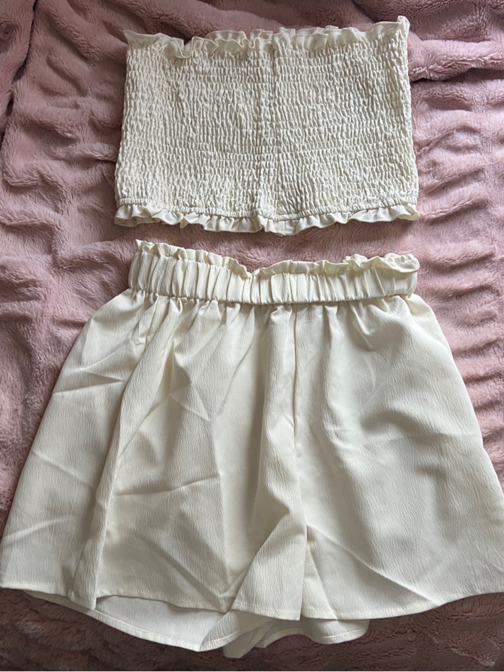 Cream Smocked Tube Top and Paperbag Waist Shorts Set